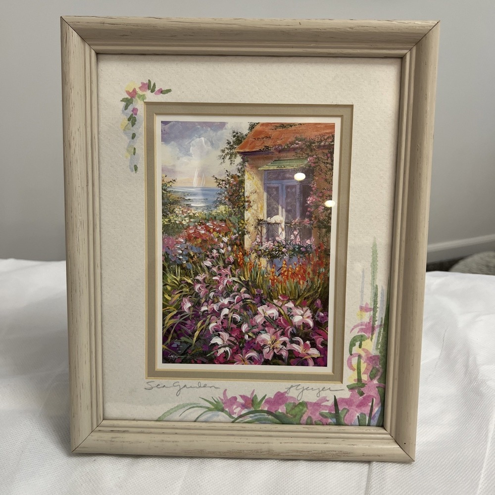 Lynda Geyer Sea Garden Framed Signed Print Cottagecore Coastal Beach Decor